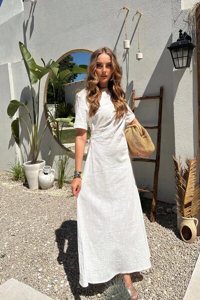 Elbee Fashion Woman Beyaz Pileli Bisiklet Yaka Elbise