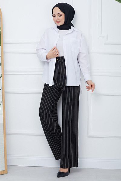 hafsamina Black Striped Pleated Trousers - HM2354