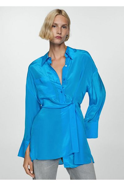 MANGO Woman Cămașă lungă din satin cu închidere asimetrică