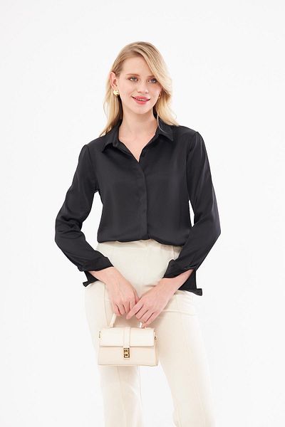 LOVELF Cămașă clasică din satin negru