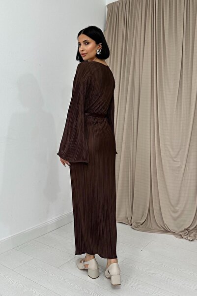 Elbee Fashion Woman Πλισέ ισπανικό μανίκι καφέ φόρεμα