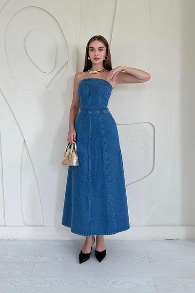 Elbee Fashion Woman Strapless Maxi Denim Dress