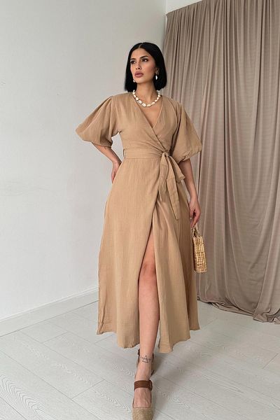 Elbee Fashion Woman Φόρεμα μουσελίνας με μπεζ ζώνη