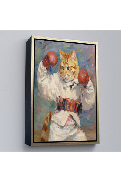 Oxyteez Pictură drăguță de pisică cu mănuși de box cu cadru din lemn-7997