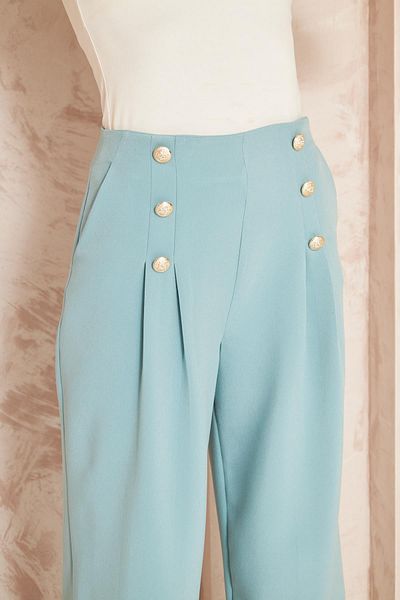 LOVELF Mint Green Wide Leg Trousers - Button Detailed