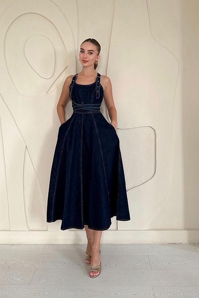 Elbee Fashion Woman Μπλε μίντι τζιν φόρεμα με κορδόνια