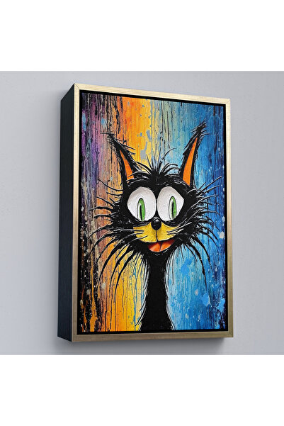 Oxyteez Pictură de pisică drăguță cu aspect de pictură în cadru din lemn-7778