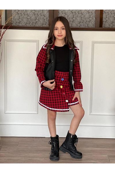 KOKOŞ BEBEK Girl's Skirt and Jacket Set - Button Detailed T-Shirt