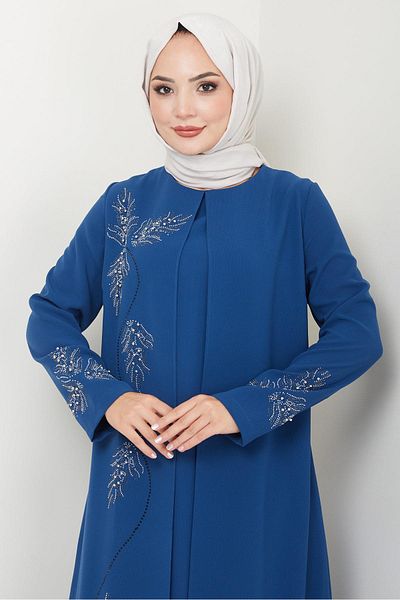 hafsamina Indigo Plus Size Leaf Stone Λεπτομερές μητρικό φόρεμα - HM2350