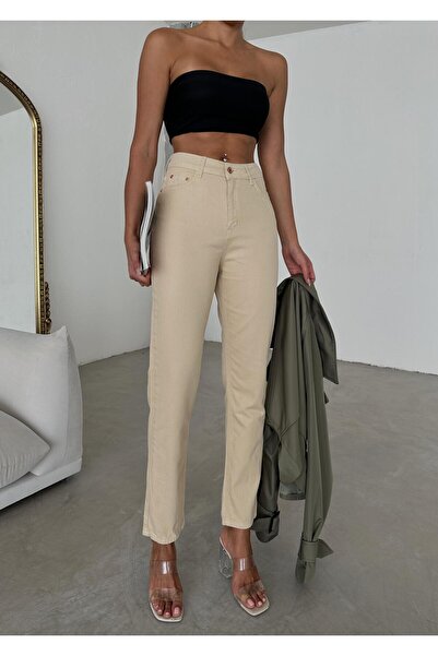 MAKRAS EXCLUSIVE A140110 Mom Jean με τσέπες Μπεζ τζιν ψηλόμεσο τζιν παντελόνι με στενό πόδι