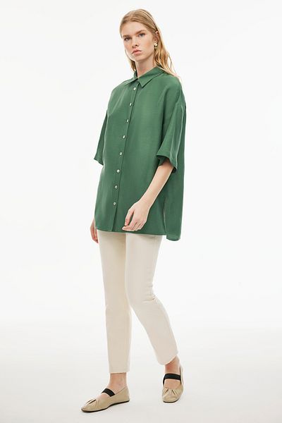 Perspective Happy Regular Fit Standard Size Low Sleeve Shirt Collar Dark Green Color Women's Shirt