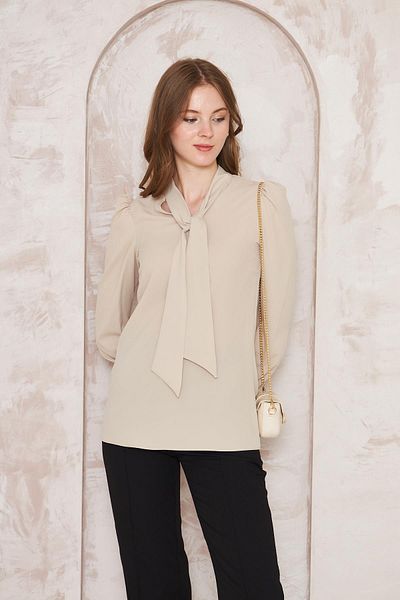 LOVELF Beige Shirt - Gathered Sleeves and Scarf