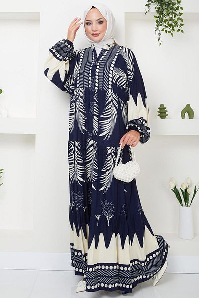 hafsamina Navy Viscose Asu Dress - Buttoned, HM2495