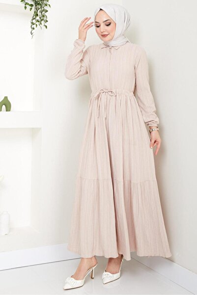 hafsamina Μπεζ Φόρεμα Lara - HM2452, Πλισέ μέση