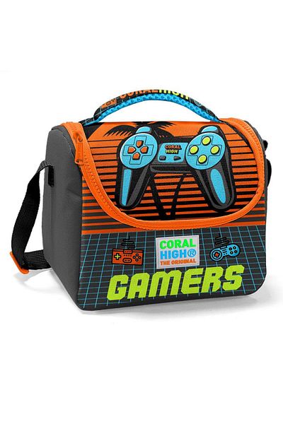 Coral High Gray Orange Gamer Patterned Children's Lunchbox - Thermo 11746