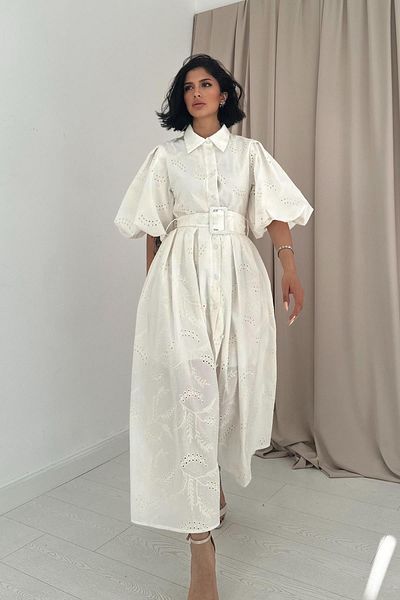 Elbee Fashion Woman Ecru Balloon Sleeve Pleated Dress