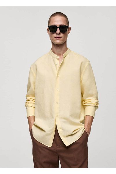 MANGO Man Classic Cut Linen Mao Collar Shirt