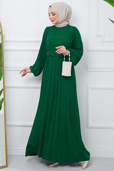 hafsamina Emerald Color Aerobin Φόρεμα - Με Ζώνη και Πιέτες HM2339