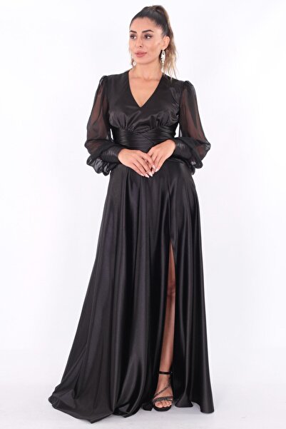 aşkın göksu Siyah V Yaka Belden Drapeli Uzun Kollu Saten Şifon Kombineli Kadın Elbise