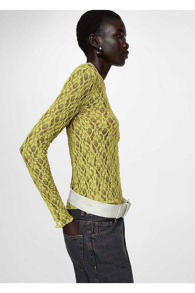 MANGO Woman Tricou din dantela cu gat rotund