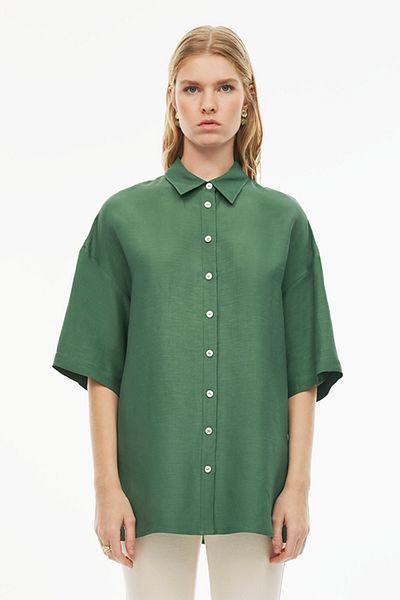 Perspective Happy Regular Fit Standard Size Low Sleeve Shirt Collar Dark Green Color Women's Shirt