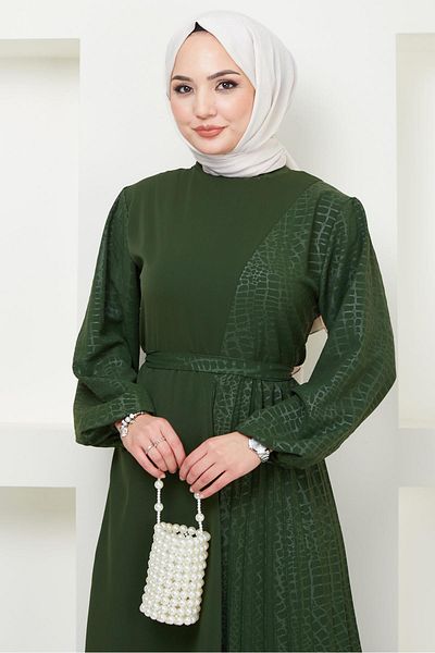 hafsamina Laser Printed Pleated Dress Khaki HM2367