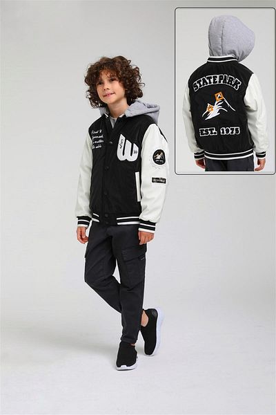 Jack 07-14 Years Old Boy Black-White Colored Hooded College Coat
