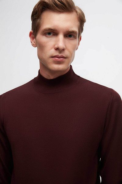 D'S Damat Regular Fit Claret Red Plain Knitted Half Fishing Wool Knitwear Sweater