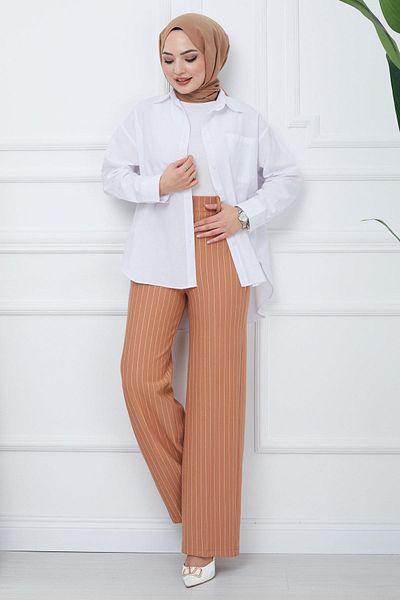 hafsamina Camel Striped Crepe Wide Leg Trousers - HM2355