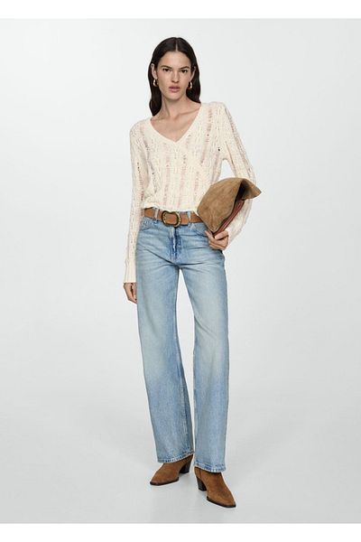 MANGO Woman V-Neck Perforated Sweater