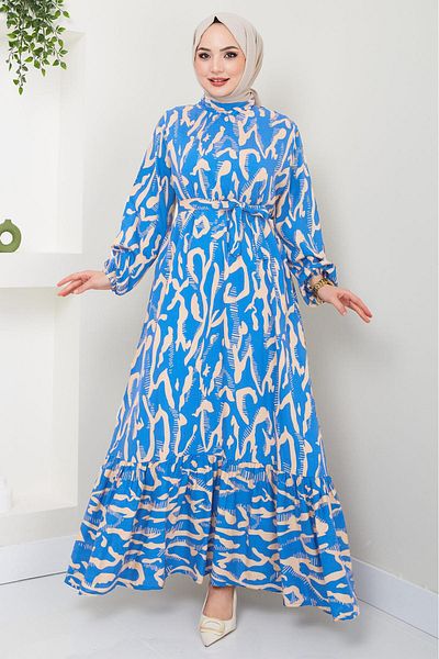 hafsamina Blue Viscose Summer Dress - Mery HM2409