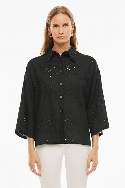 Perspective Adnas Regular Fit Abstract Patterned Standard Size Low Sleeve Shirt Collar Black Color Women's Shirt