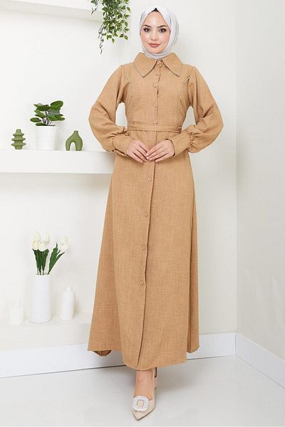 hafsamina Beige Sofia Beaded Dress - HM2476