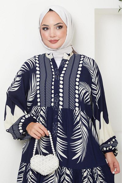 hafsamina Navy Viscose Asu Dress - Buttoned, HM2495