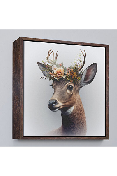 Oxyteez Pictură portret de cerb cu coroană de flori într-un cadru din lemn-8355