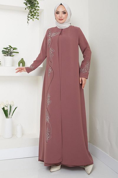 hafsamina Brick Color Plus Size Leaf Jewelled Mother's Dress - HM2350