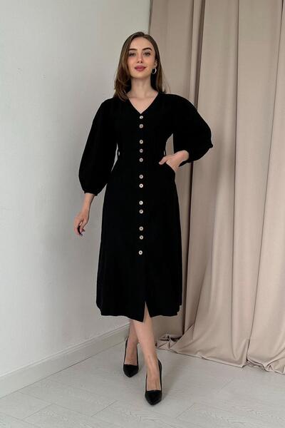 Elbee Fashion Woman Flamlı Keten Boyamalı Düğmeli Elbise