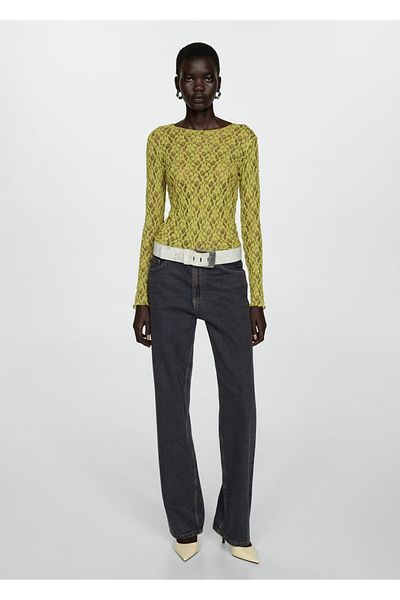 MANGO Woman Tricou din dantela cu gat rotund