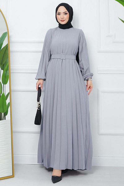 hafsamina Belted Pleated Aerobin Dress Gray HM2339