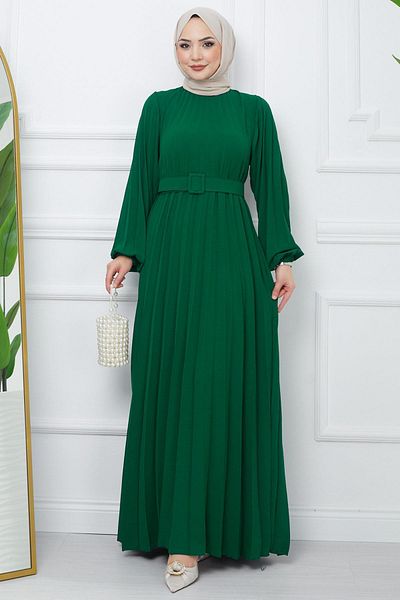 hafsamina Emerald Color Aerobin Φόρεμα - Με Ζώνη και Πιέτες HM2339
