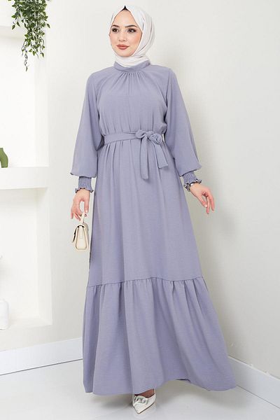 hafsamina Gray Flounced Sleeve Elastic Dress - HM2074
