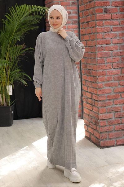 hafsamina Gray Knitwear Dress - Crew Neck and Balloon Sleeve Hm2518