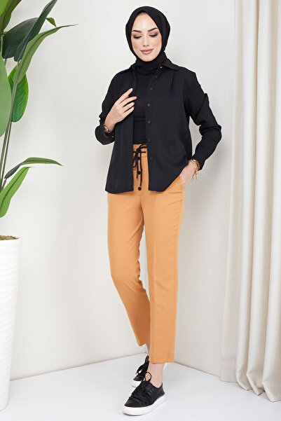 hafsamina Buttoned Lace Fabric Trousers Tan