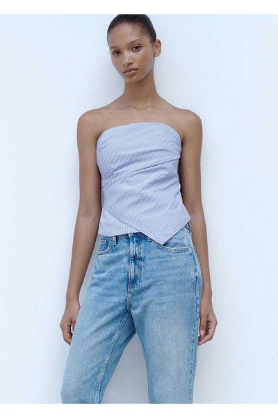 MANGO Woman Gestreifte trägerlose Bluse
