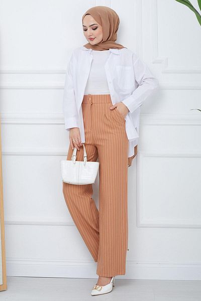 hafsamina Camel Pleated Striped Trousers - HM2354
