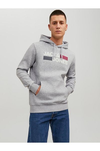 Jack & Jones Hanorac pentru bărbați - Logo Jjecorp, Hood, Noos, Gri deschis Melange, PLAY - REG
