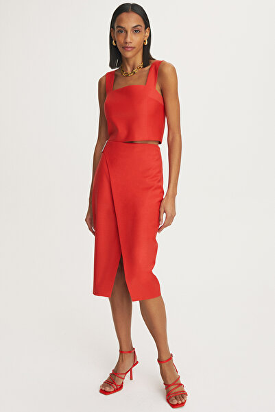 Perspective Adiele Regular Fit Below Knee High Waist Red Color Skirt