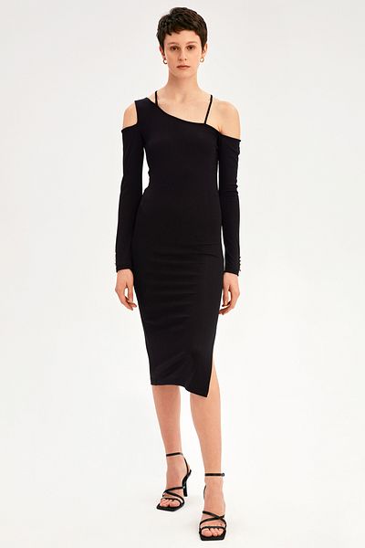 Perspective Φόρεμα Kady Midi με έναν ώμο - Slim Fit, Μαύρο Χρώμα