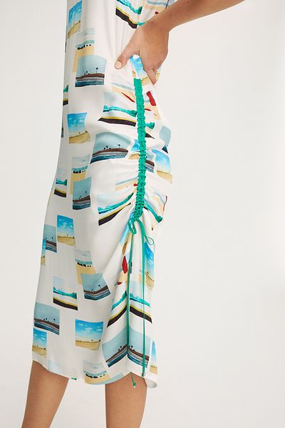 Perspective Tia Regular Fit V-neck Strap Midi Length Landscape Patterned Ecru Color Dress