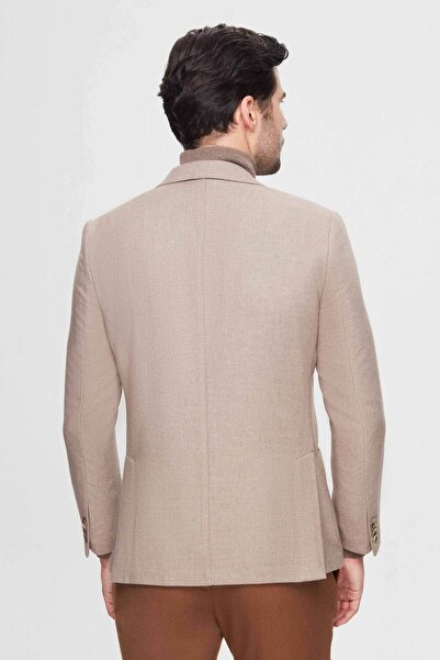 D'S Damat Ds Damat Regular Fit Bej Armürlü Çift Yırtmaçlı Yünlü Blazer Kumaş Ceket